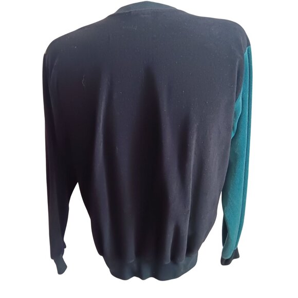 Men's XL Vintage Sweater Campus Velour Teal Striped Retro Crewneck Pullover USA - Picture 3 of 8